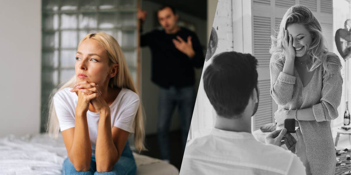 Man Asks If He's Wrong For Making His Fiancee An Engagement Ring On A Keychain So She Could Wear It At Work — She Was Left 'Yelling' & 'Crying' After The Proposal Woman upset with man, man proposing to woman