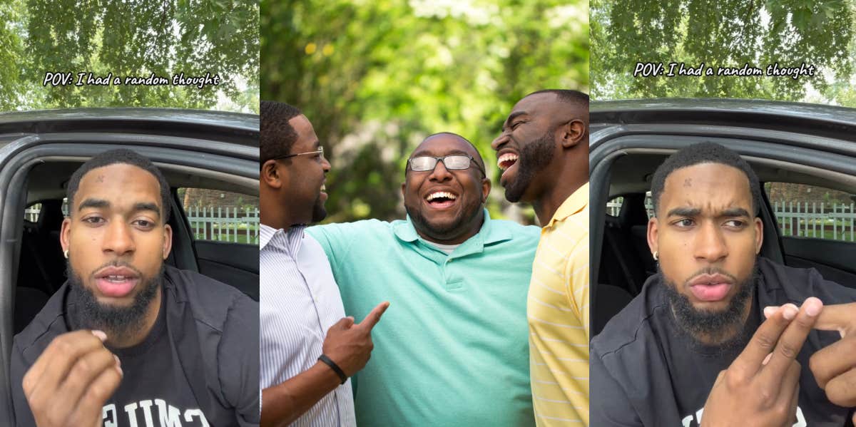 Man explaining his theory TikTok, group of men laughing