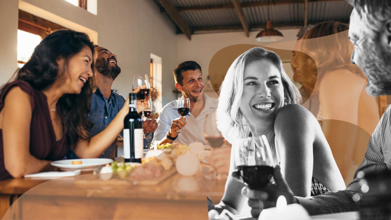 Woman being friendly with opposite sex at dinner party