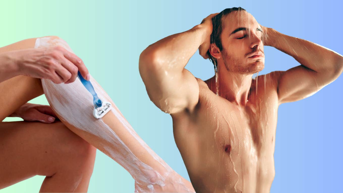man showering, woman shaving 