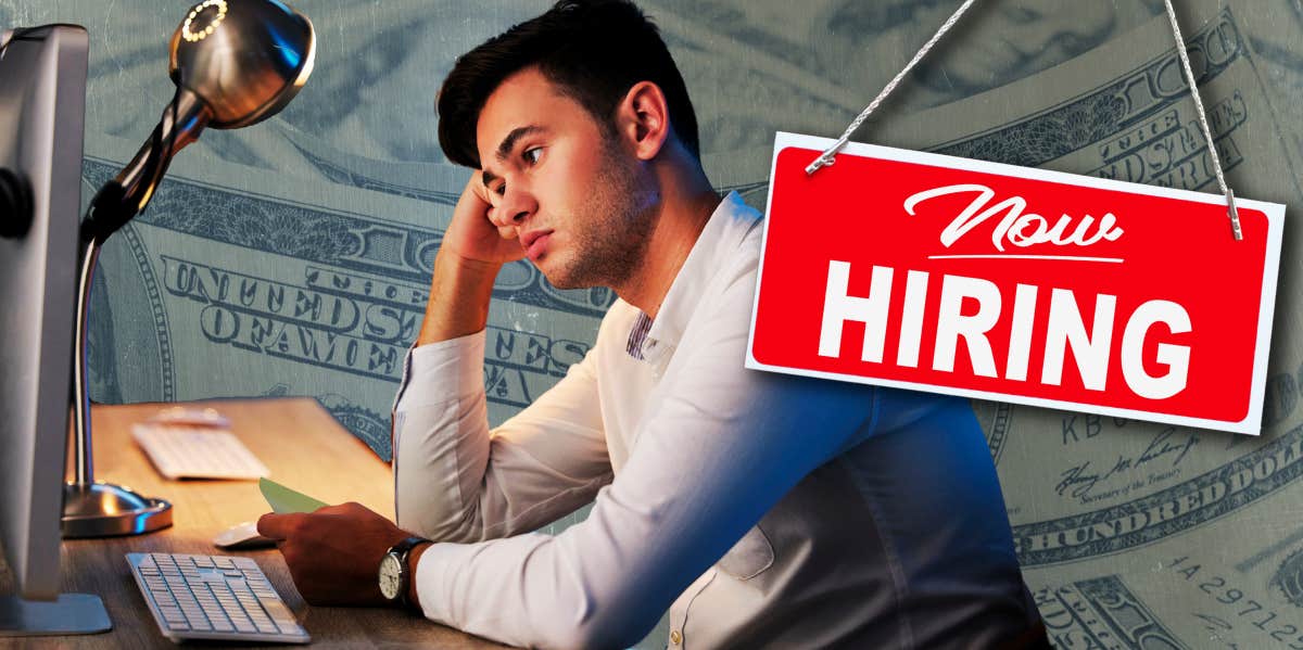 Man looking at computer with a now hiring sign and money in the background