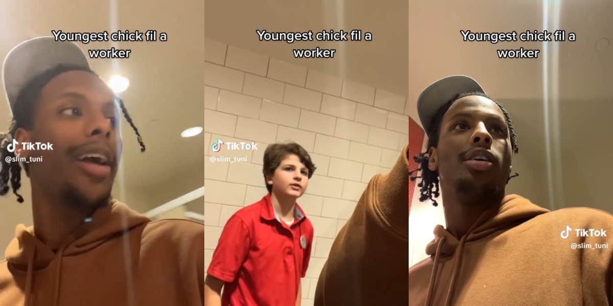 Man Discovers A 13-Year-Old Working At Chick-Fil-A And He Explains Why He's Allowed To Work There Man talking to 13-year-old working at Chick-Fil-A