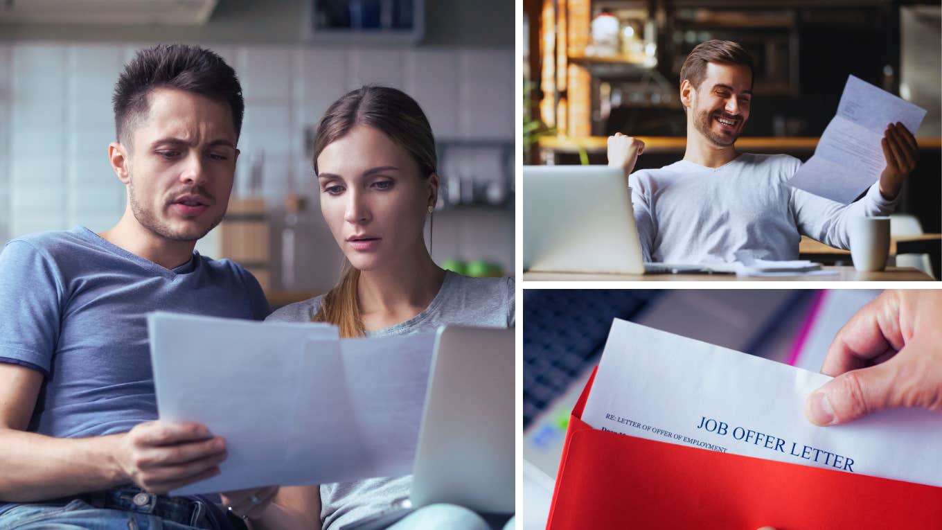 man showing woman his pay, happy man with new job offer