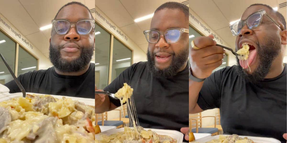 A man eating freshly cooked food from his local hospital cafeteria.