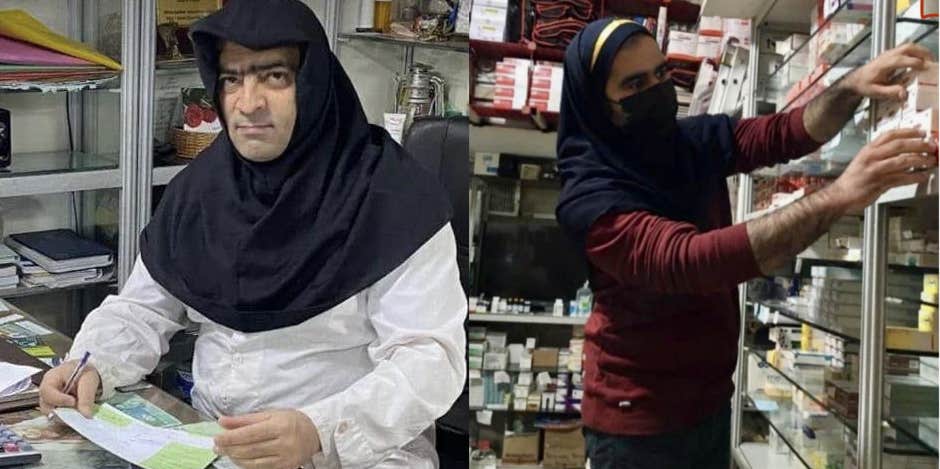 Two male Iranian pharmacists wear a hijab in solidarity with women in Iran.