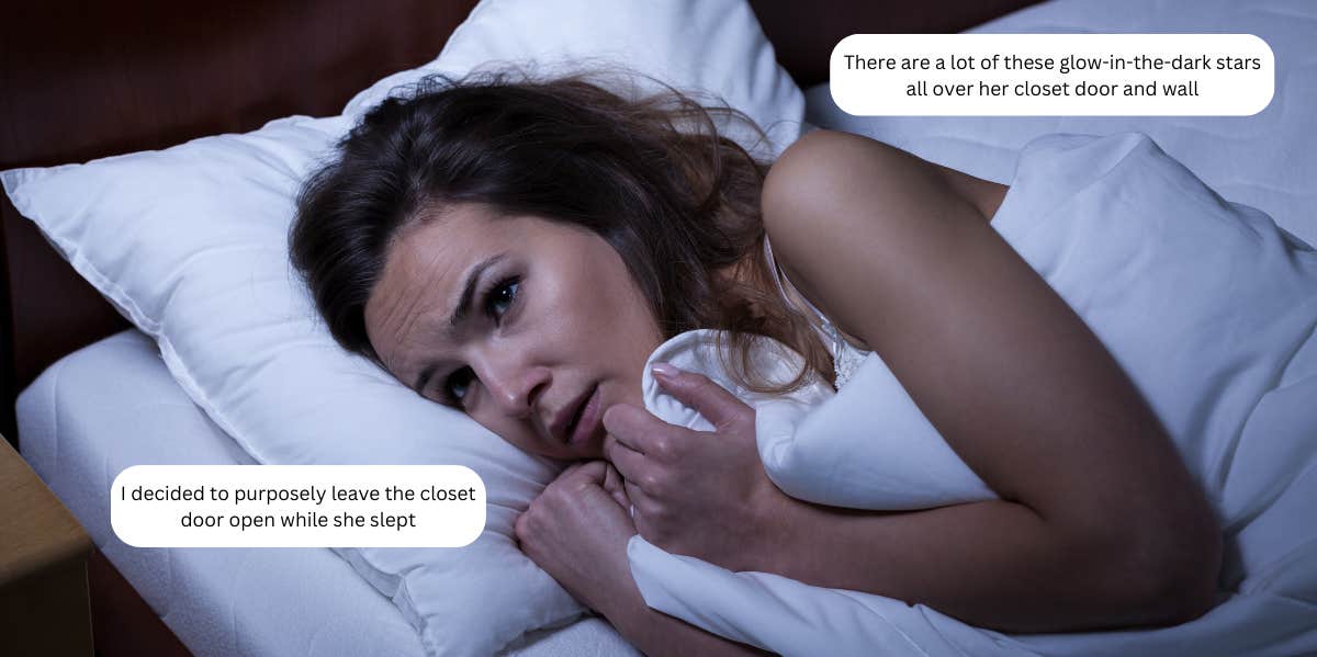 A Man Leaves His Girlfriend's Closet Door Open On Purpose Despite Knowing It Triggers Her Woman in bed scared, text from Reddit