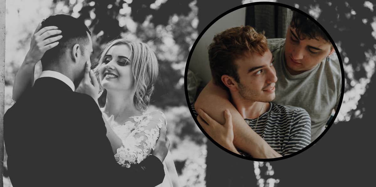 Man Leaves Sister's Wedding Early After She Refused To Let His Husband In The Group Photo bride and groom standing under tree, gay couple embracing