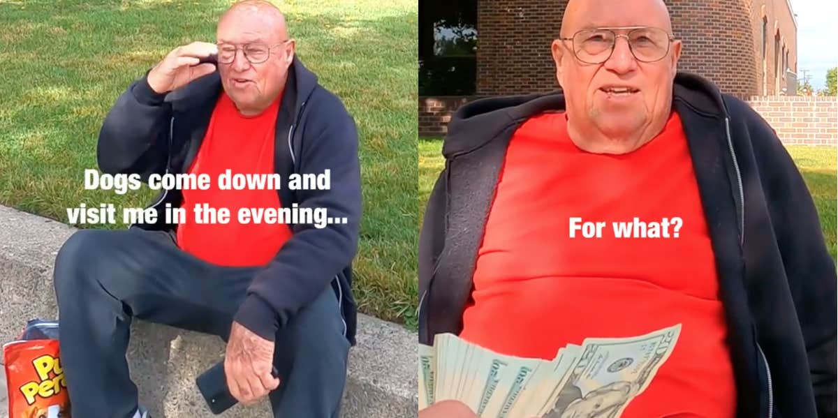 Man Who Lost His Dog Sits On A Curb To Hand Out Dog Treats To Random Pups That Walk By TikTok of man sitting on a curb with dog treats