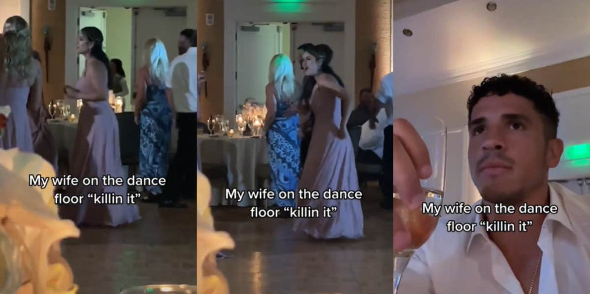wife dancing at wedding, man drinking champagne