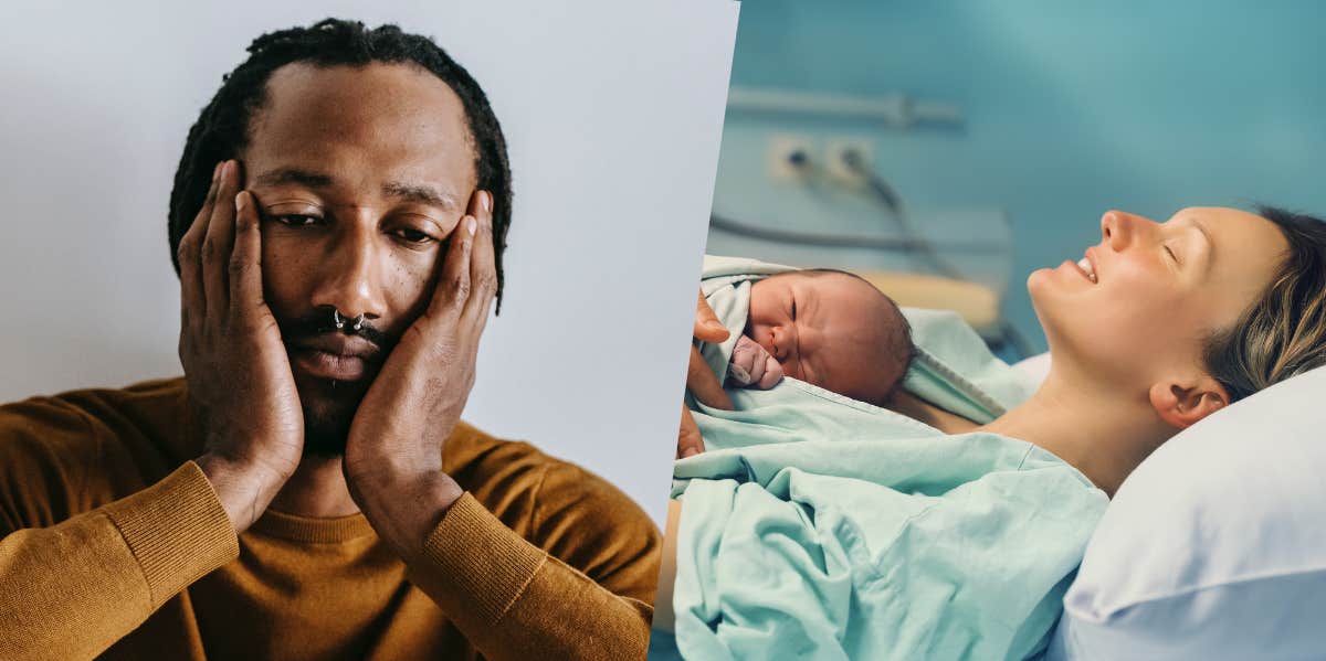 unhappy black man touching face on light background, mom holding newborn while laying on hospital bed