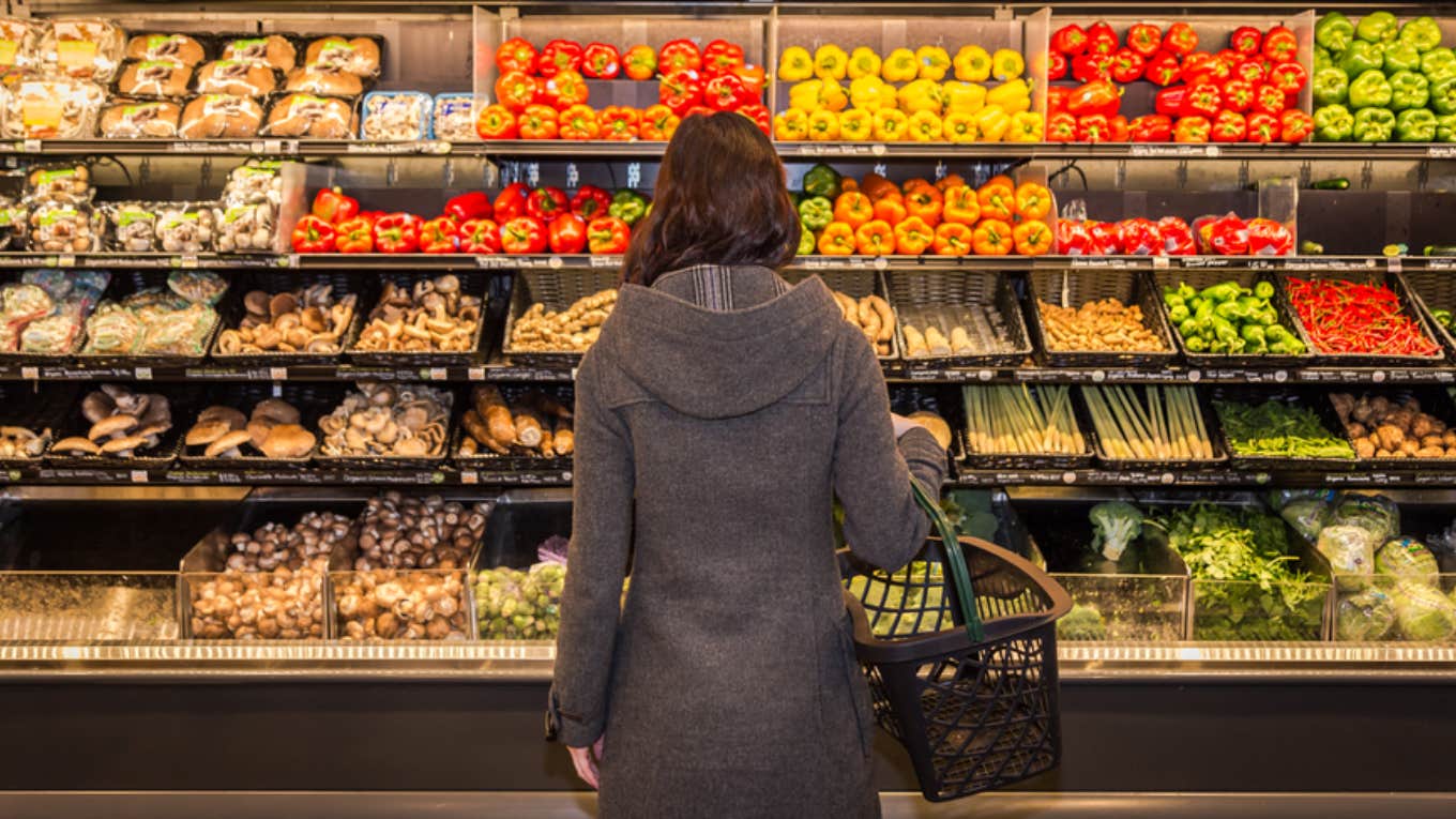 grocery store, woman, sweatshirt