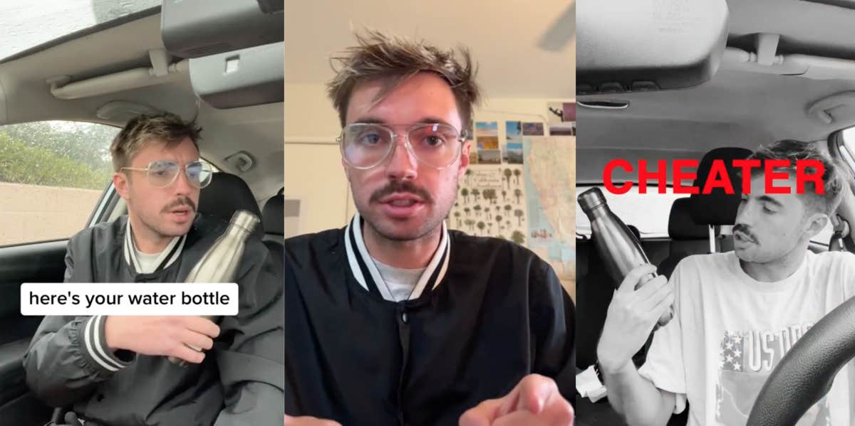 Man Says All You Need To Test If You're Partner Is Cheating On You Is A Used Water Bottle A man acts out a scenario with a water bottle to determine a partner's loyalty.