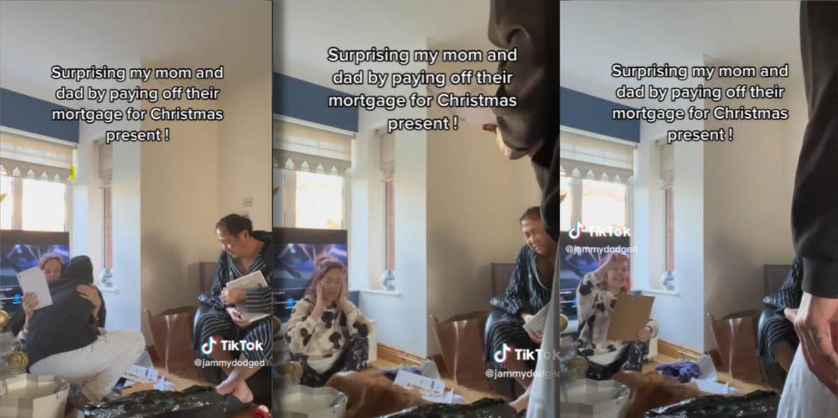 Man Pays Off Parents' Mortgage As A Christmas Gift man presenting parents with card and gift