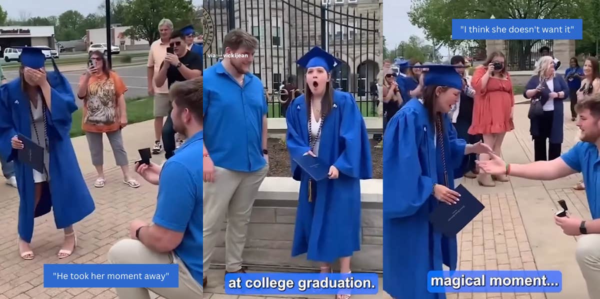Man proposing to girlfriend at college graduation