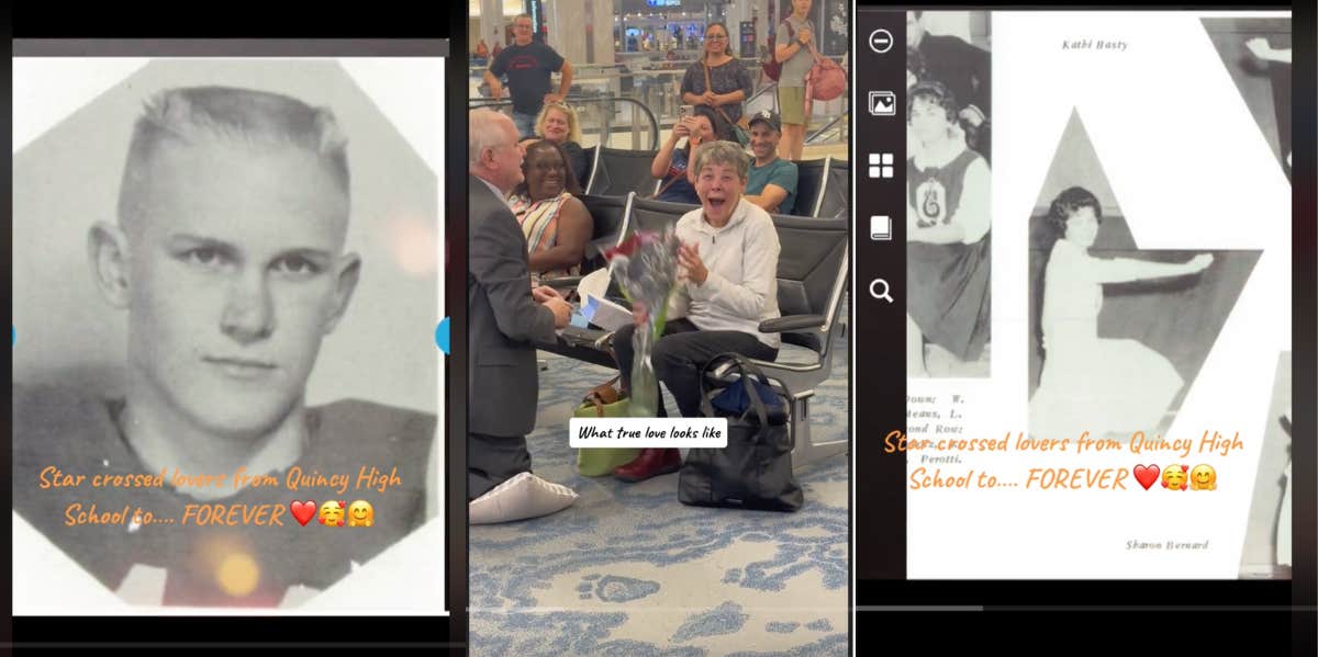 man proposing to high school sweetheart in airport