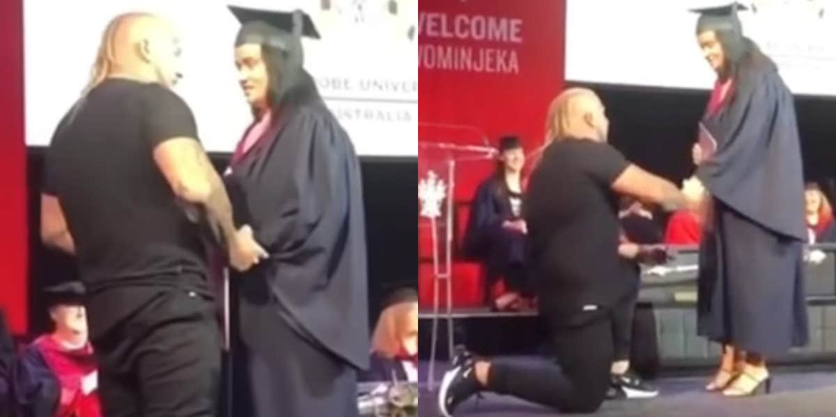 man proposing to girlfriend on graduation day