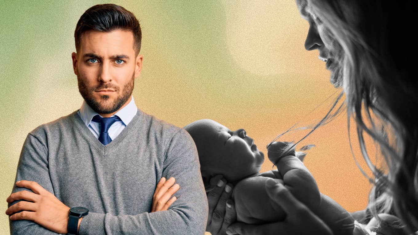 Man Refuses To Care For Newborn At Night While Wife Is On Maternity Leave man with arms crossed and woman holding newborn