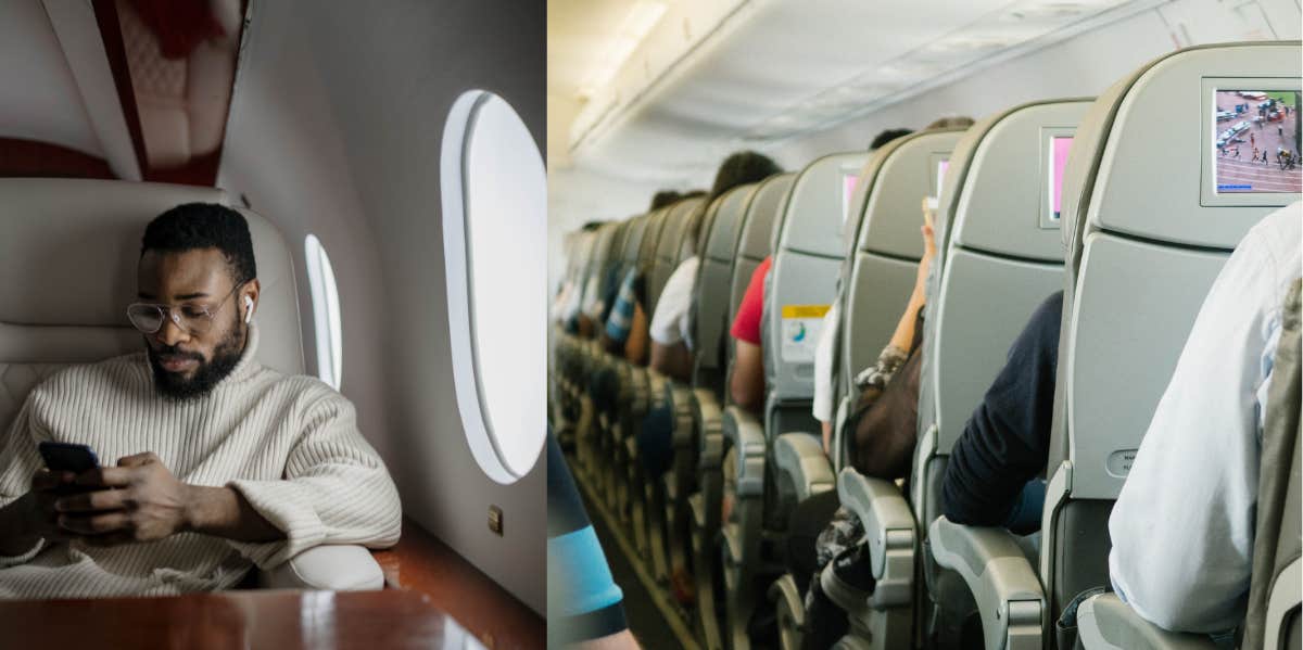 Man on his phone on airplane and airplane seats