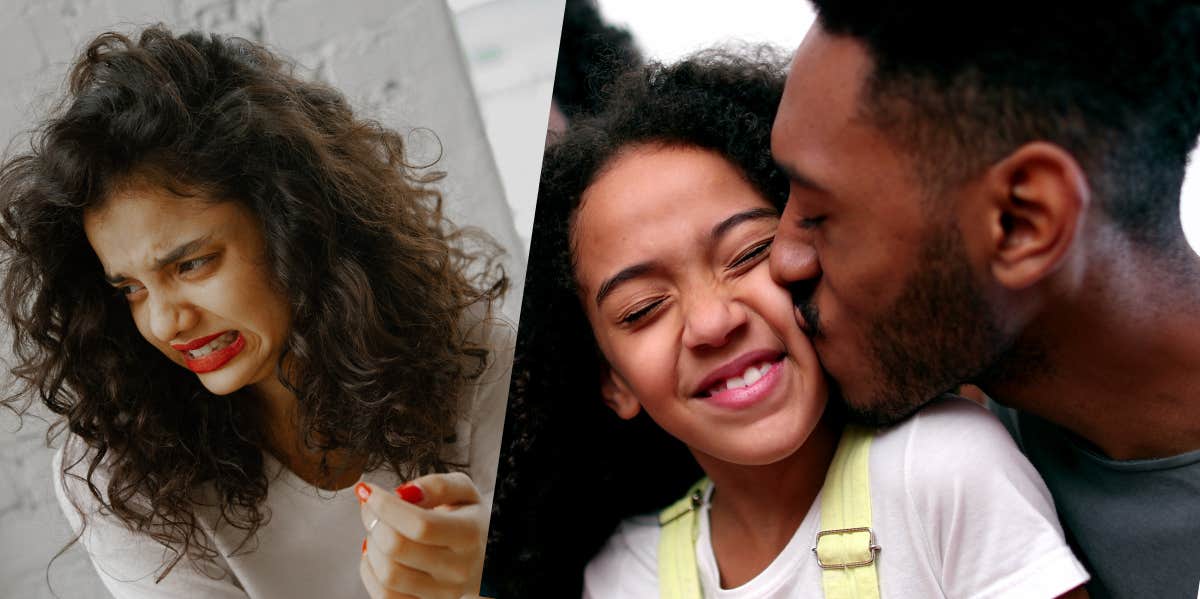 woman looking disgusted, older brother kissing sister on the cheek