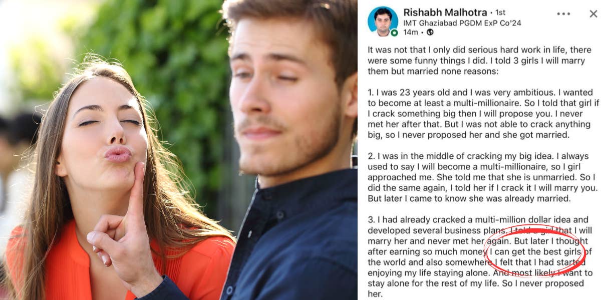 Man Explains On LinkedIn Why He Didn't Marry 3 Different Women As Promised linkedin post, man rejecting woman's kiss