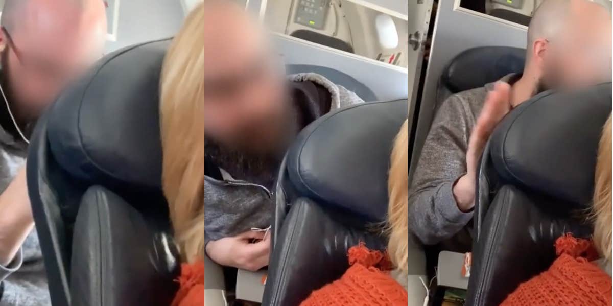Man Repeatedly Shakes Woman’s Airplane Seat After She Refuses To Stop Reclining Her Chair So He Can Enjoy His Meal A man is shown shaking a woman's seat on an airplane.