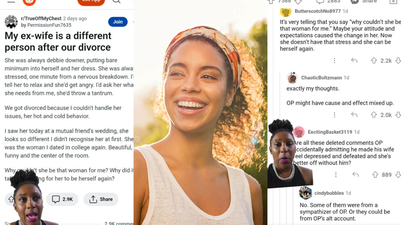 woman smiling, reddit post, reddit comments