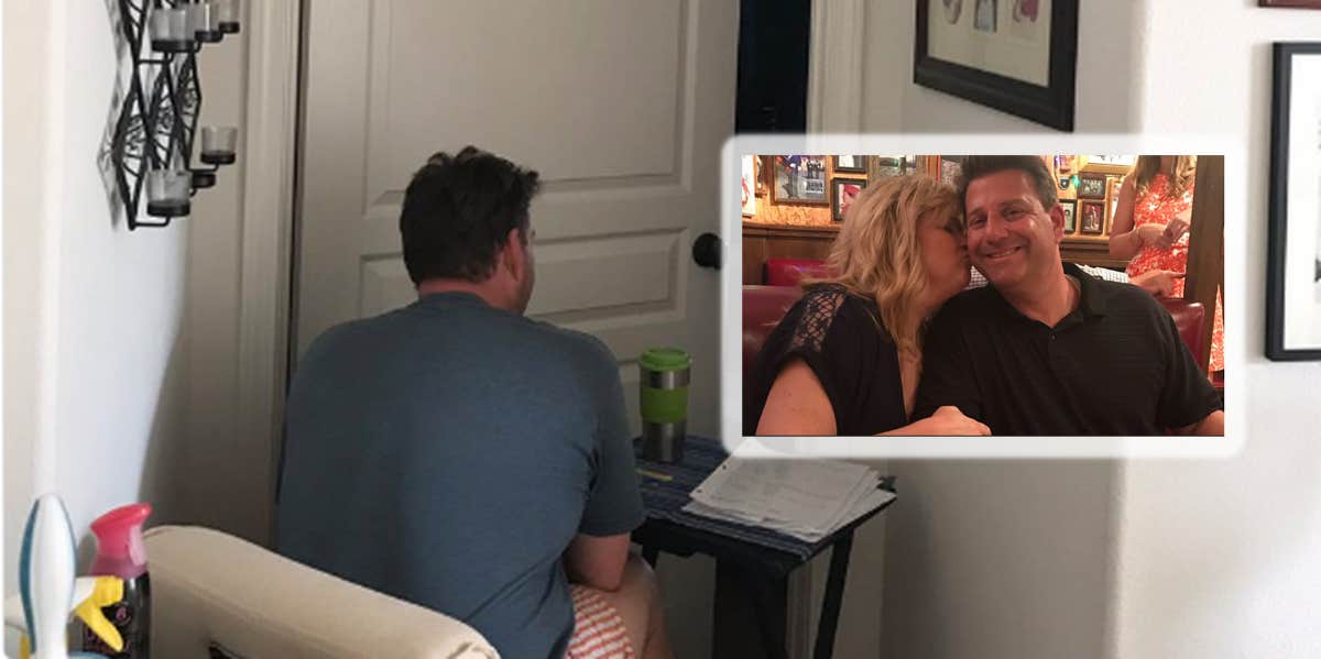 Man Sets Up Makeshift Home Office Outside Sick Wife's Bedroom To Keep Her Company man sitting outside bedroom door