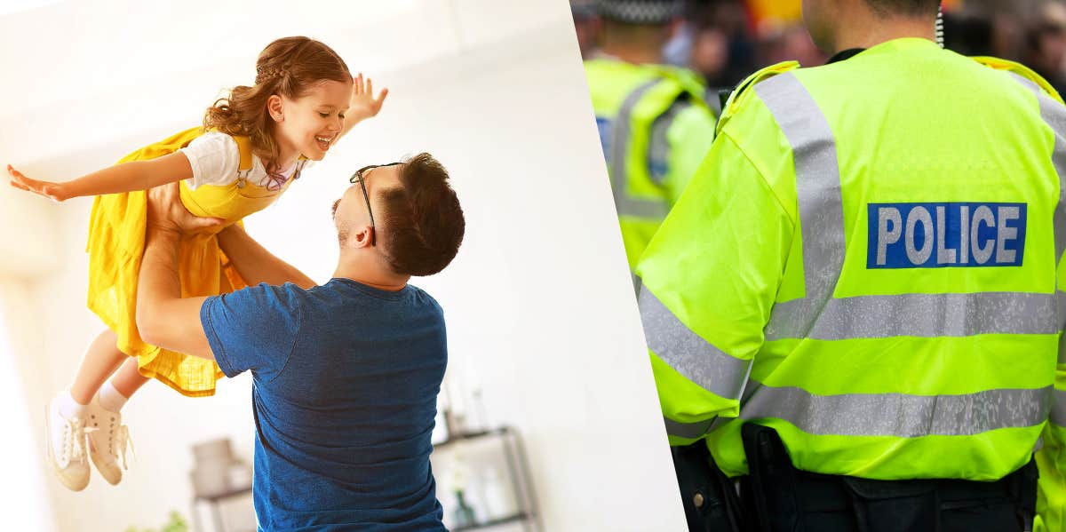 father lifting daughter in the air, police vest