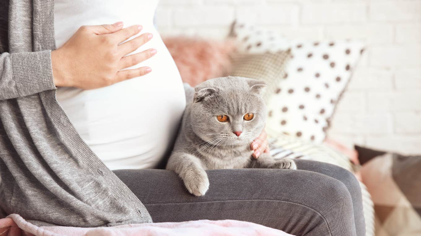 pregnant woman, petting cat 