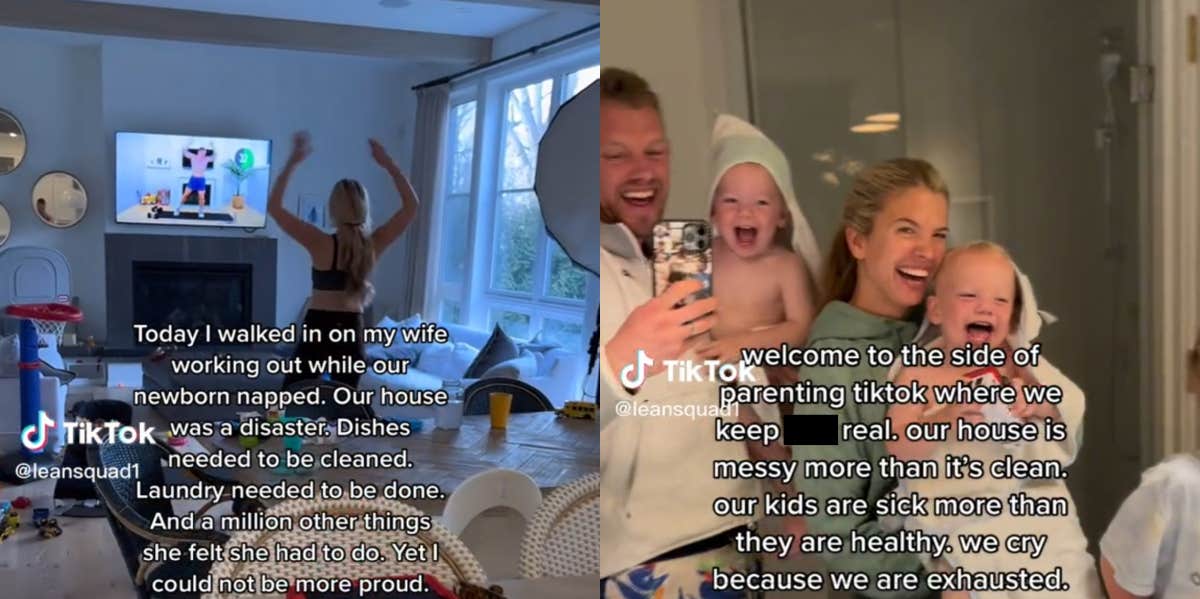 Man Posts Video Showing His Wife Working Out In A Messy Living Room And Says She 'Deserves' Time To Herself LEANSQUAD wife working out and parenting TikTok