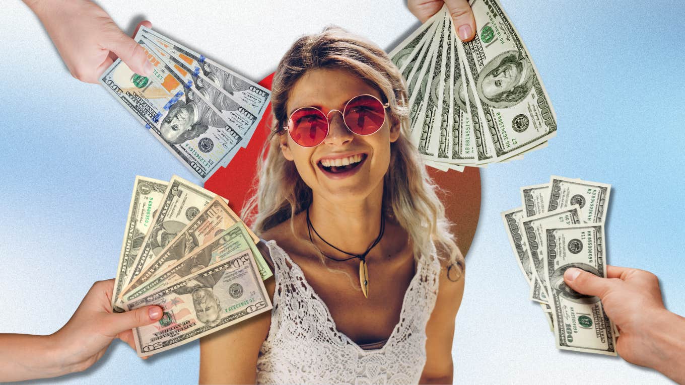 smiling woman and hands with money out
