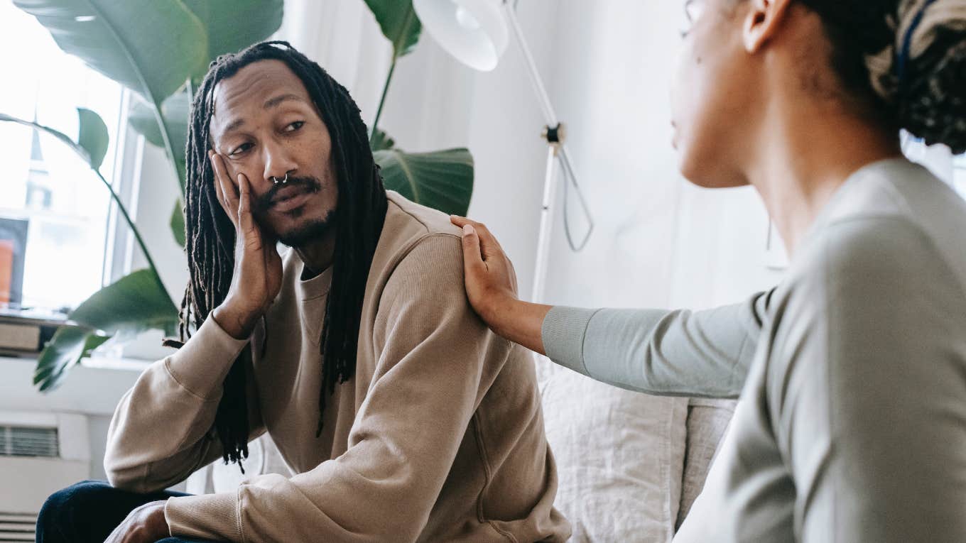 Husband Says He Wants To End His Marriage After Finding Out His Wife Cheated While They Were Dating wife trying to console upset husband