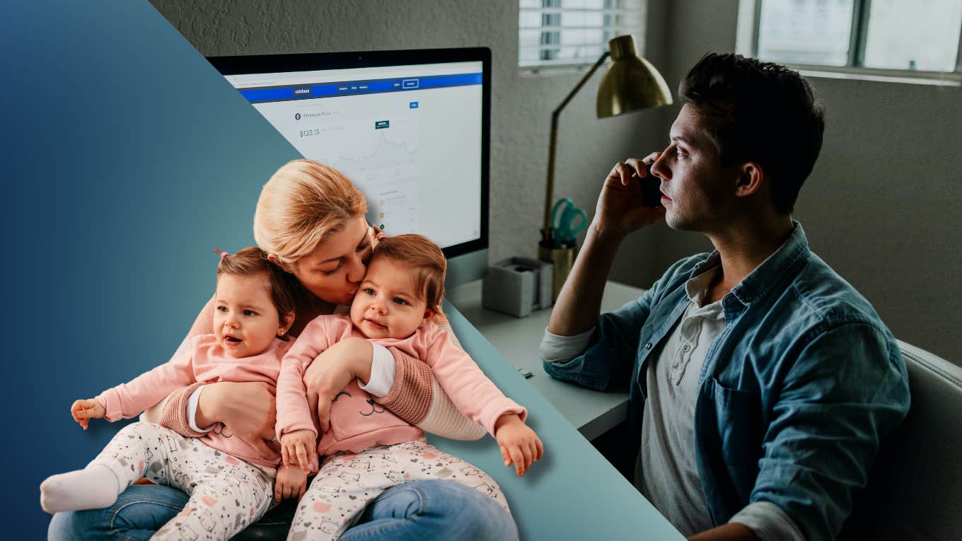 mother hugging twins and man working from home