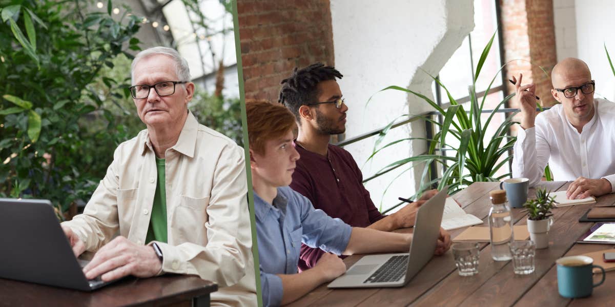 Man working, coworkers in a meeting