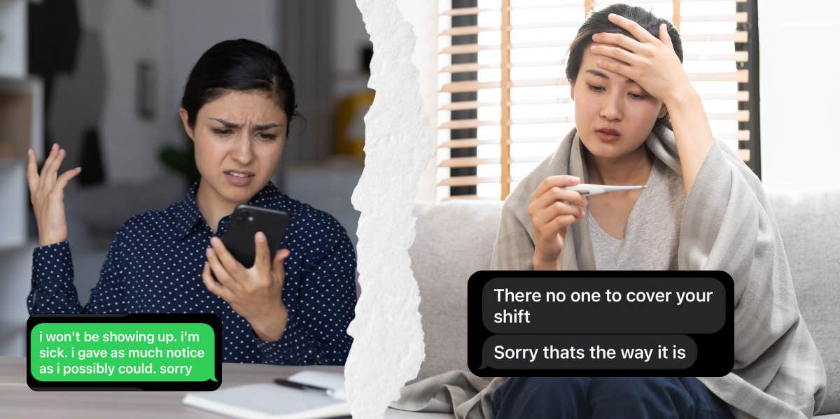 Woman upset looking at phone, woman taking temperature