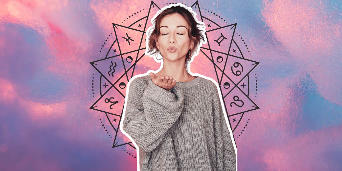 How To Manifest Love, Based On Your Zodiac Sign woman blowing a kiss, zodiac wheel