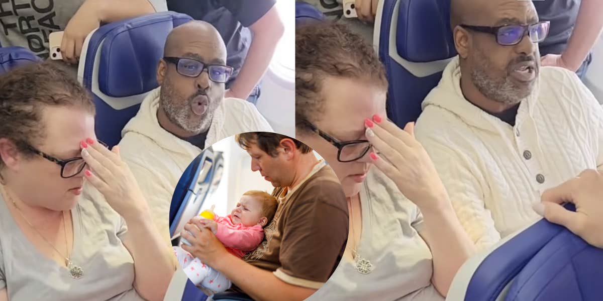 man, plane, crying baby 