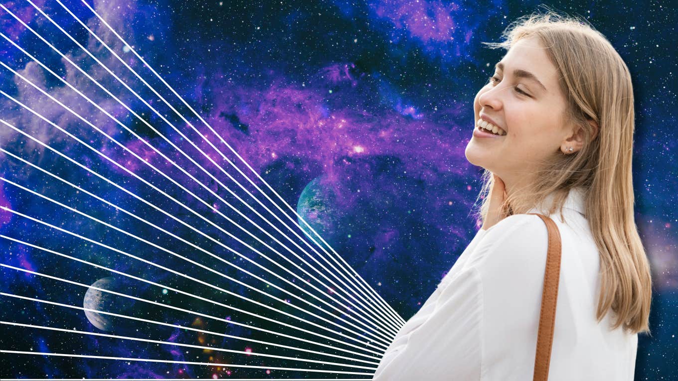 smiling woman and galaxy background