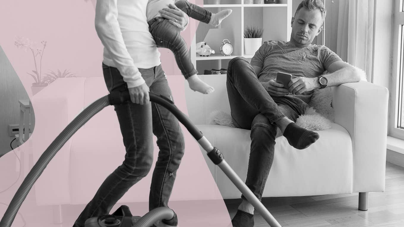 Why Marriage Is A Raw Deal For Women Man sitting on couch while spouse vacuums