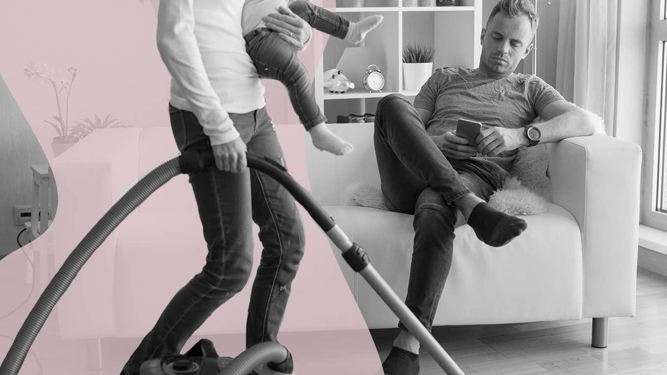 Man sitting on couch while spouse vacuums 