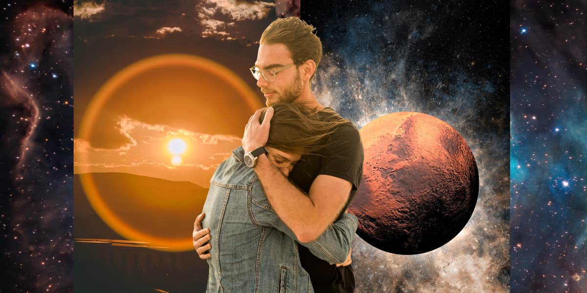 couple hugging, mars and sun