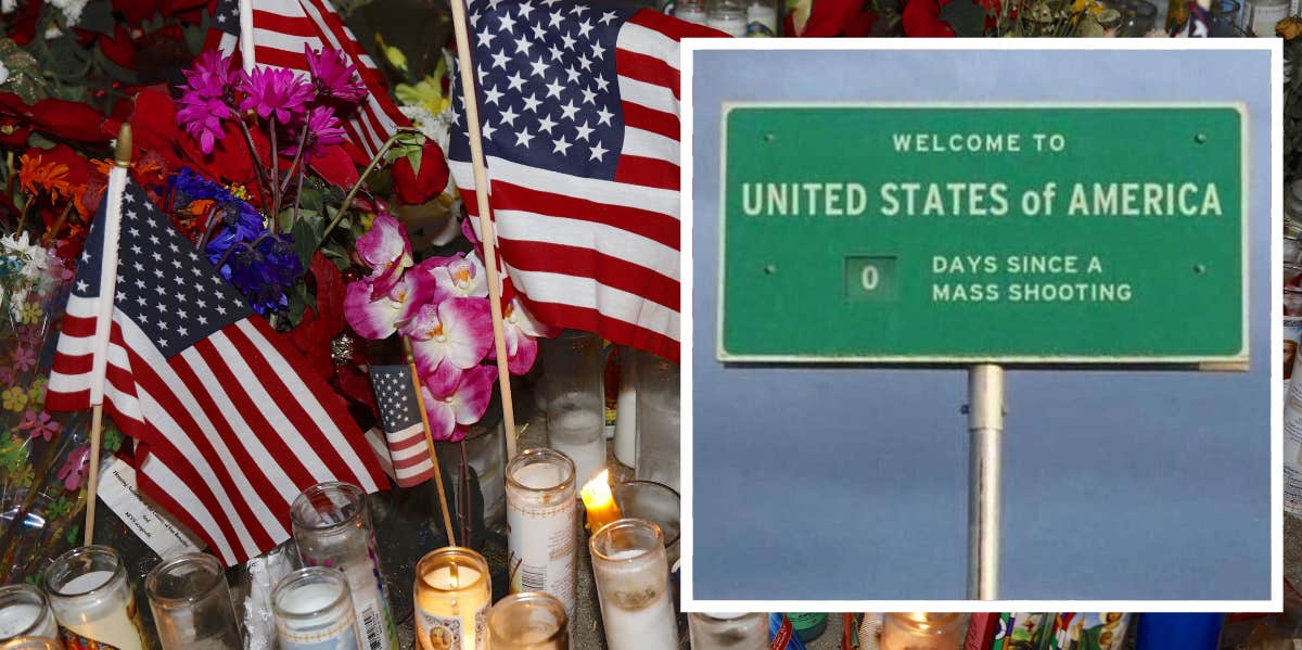 203 Mass Shootings So Far In 2022 Proves Need For Gun Control Memorial for San Bernadino victims, mock road sign