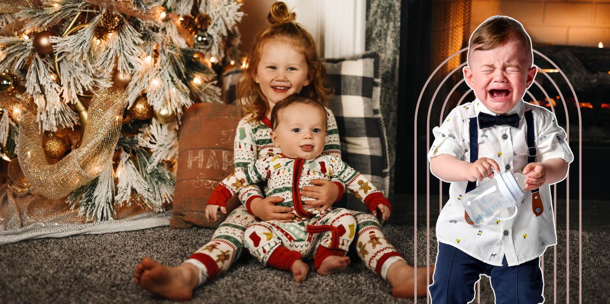 kids in matching christmas pajamas, crying boy