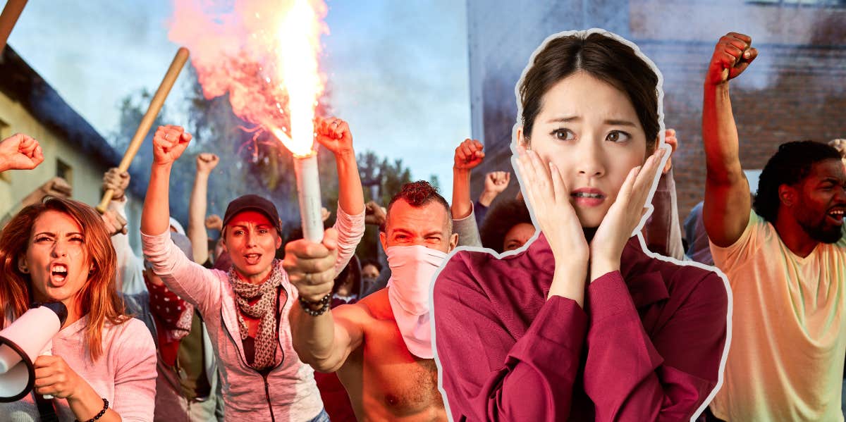 Mean World Syndrome: Why We Believe The World Is More Dangerous Than It Actually Is scared woman around mean people