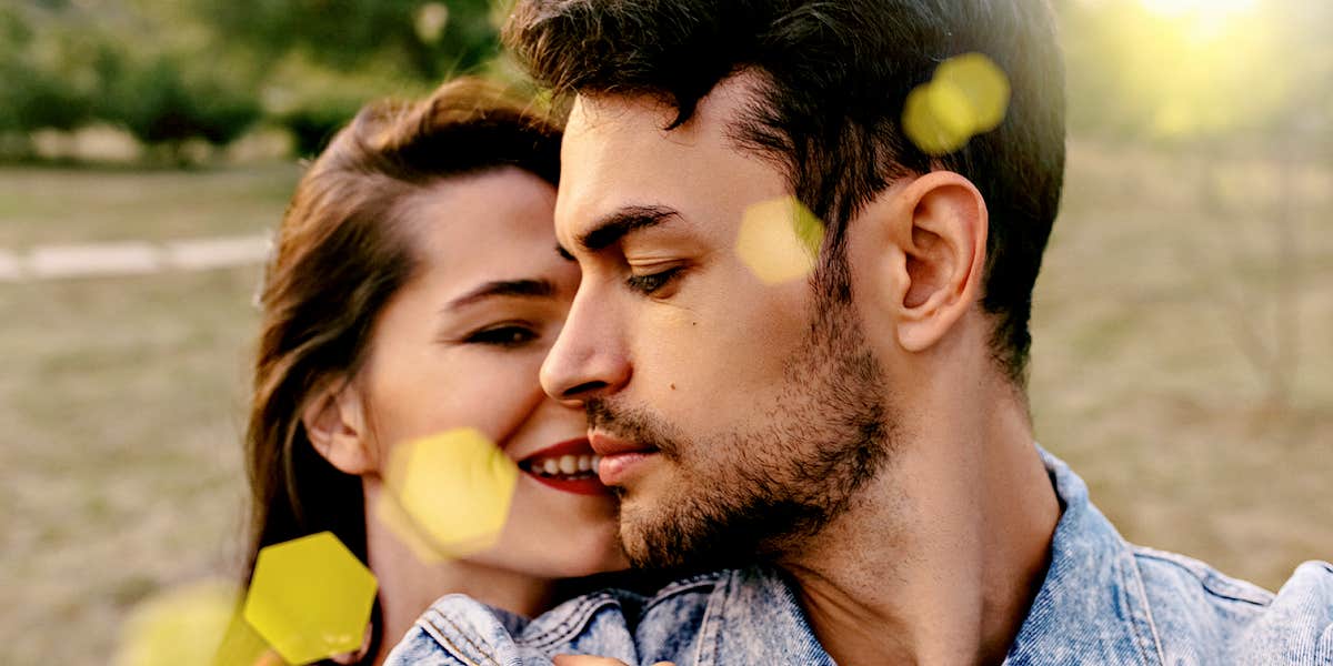 Men marry the woman in front of them, TikTok theory couple nuzzling outdoors