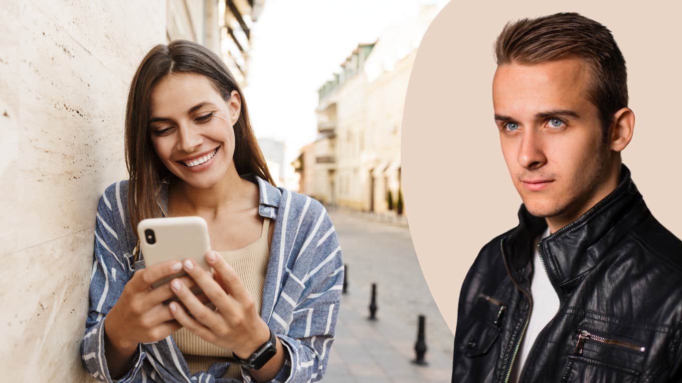 Woman on her smart phone and man who looks annoyed 