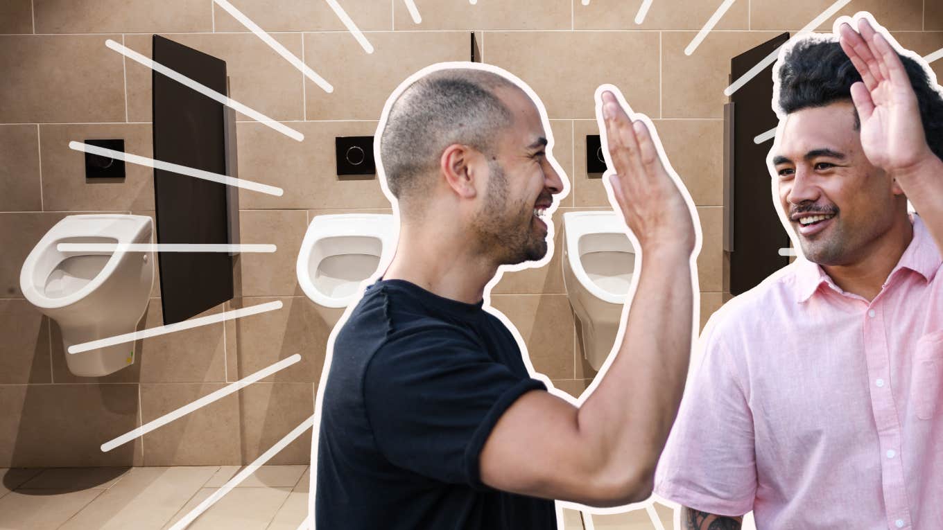 men bro'ing out at urinals