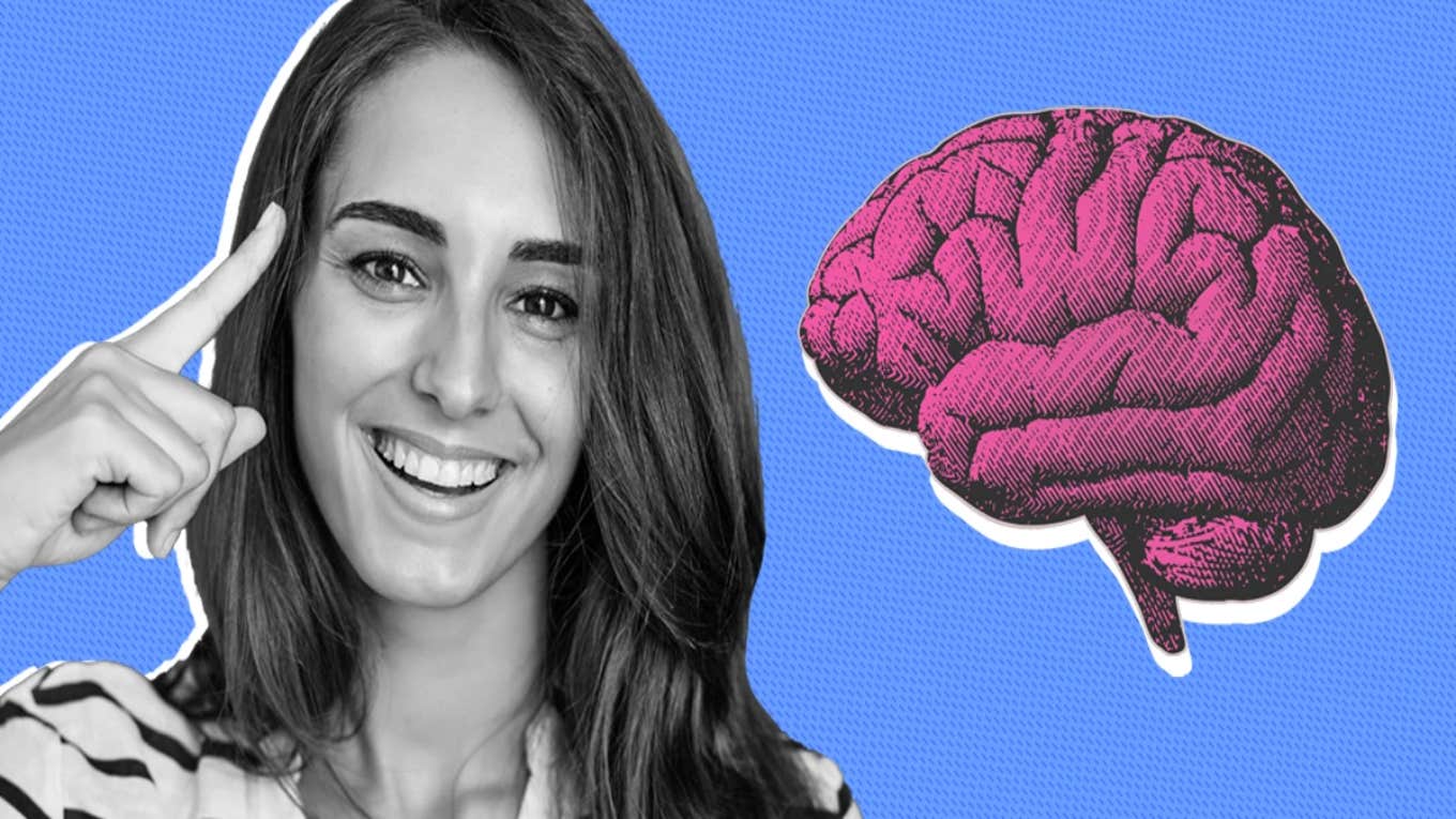 The Quick Psychology Mental Rotation Test That Separates Intellectuals From Average Thinkers woman with finger on head next to a brain