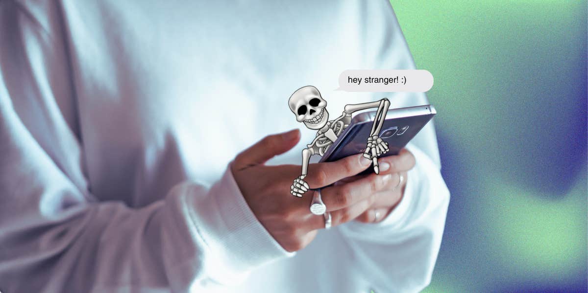 skeleton climbing out of smartphone