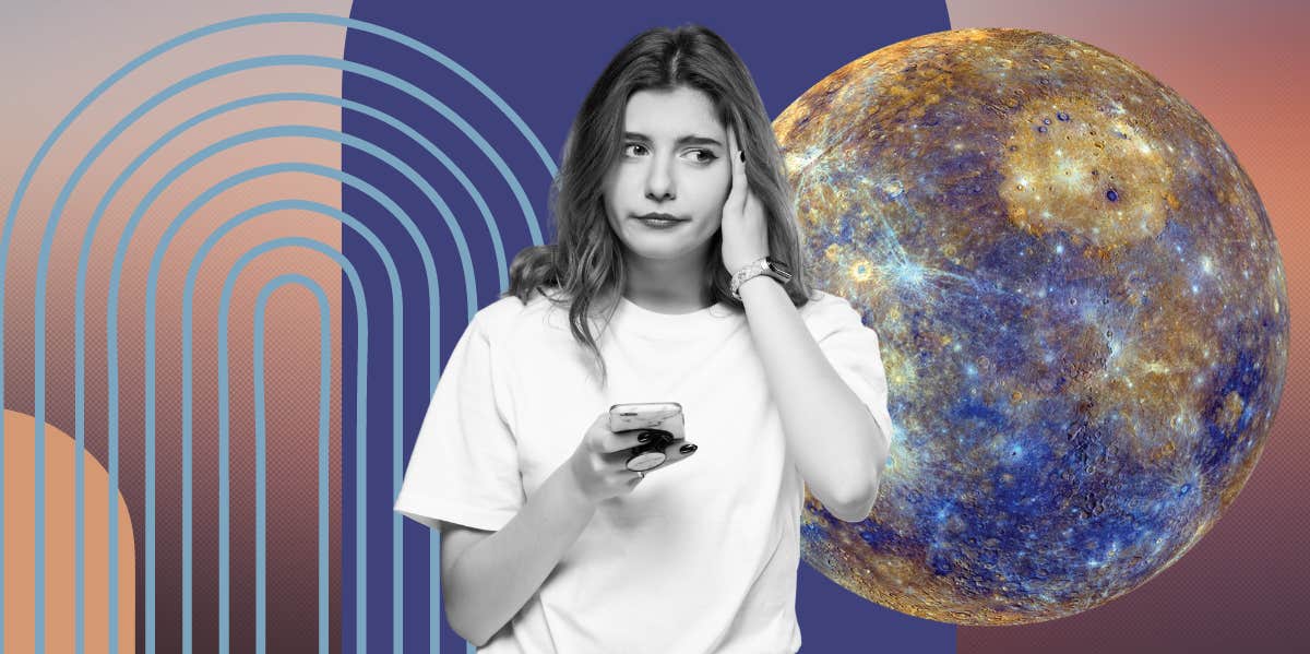 woman on the phone and mercury planet